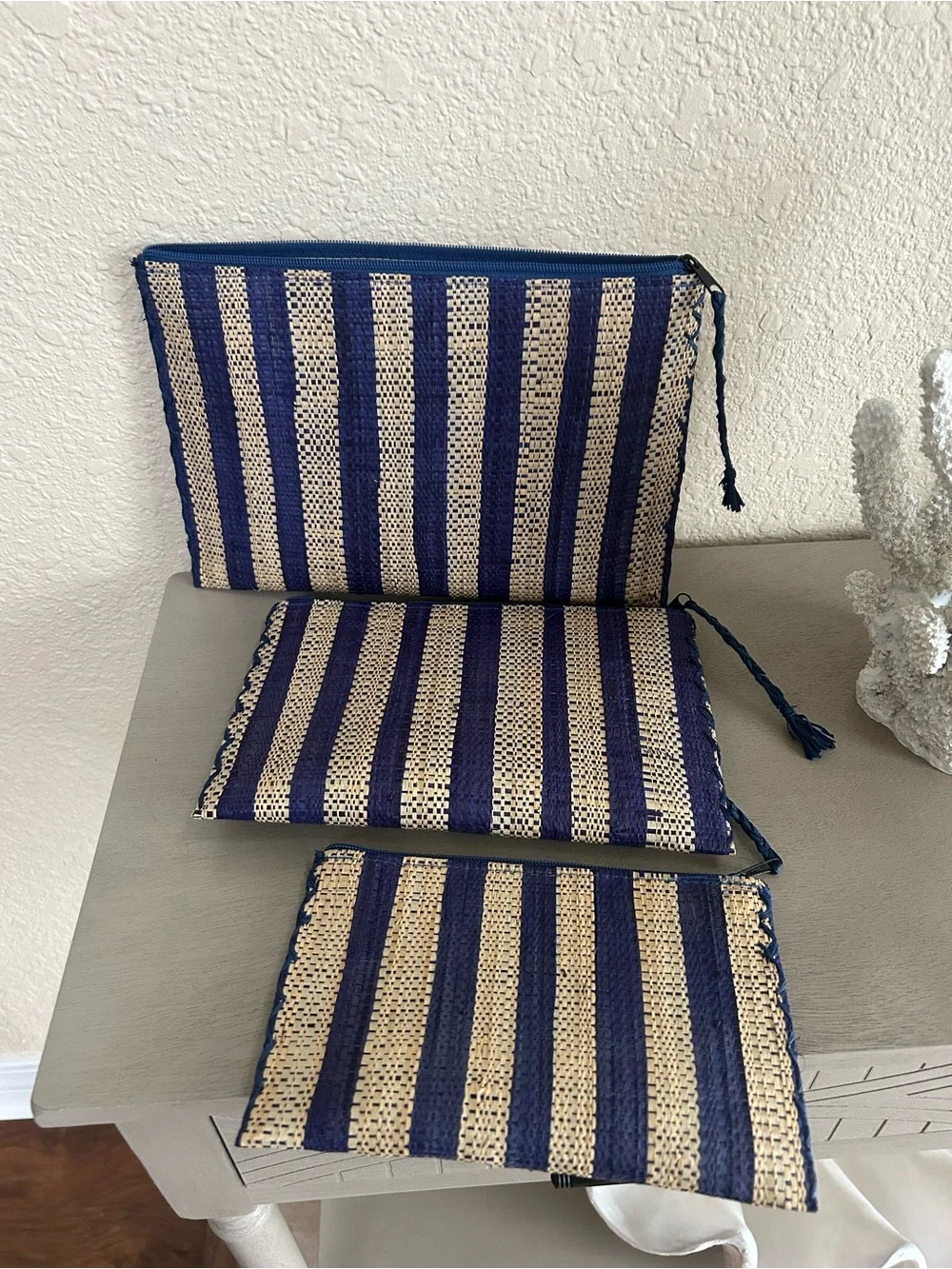 Shebobo Striped Navy and Natural Woven Cosmetic Pouch Set